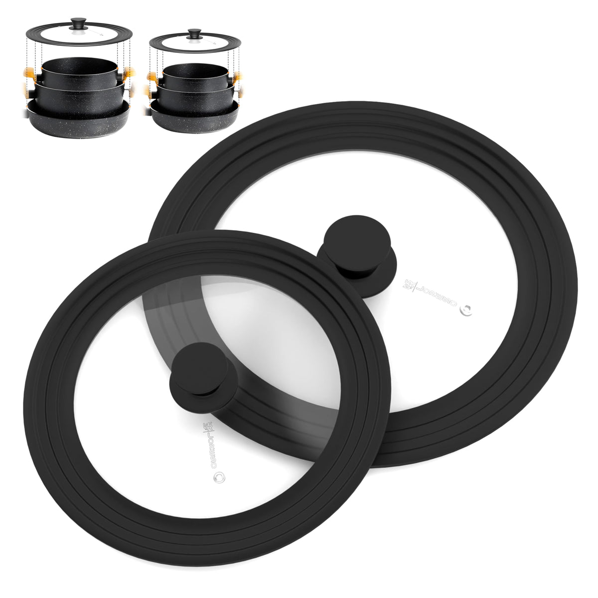 LSR Loreso universal lid with adjustable silicone rim fits multiple pots for clutter-free storage.