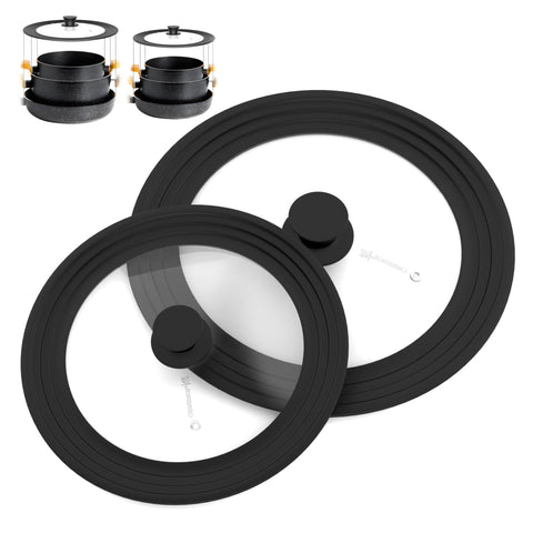 LSR Loreso universal lid with adjustable silicone rim fits multiple pots for clutter-free storage.