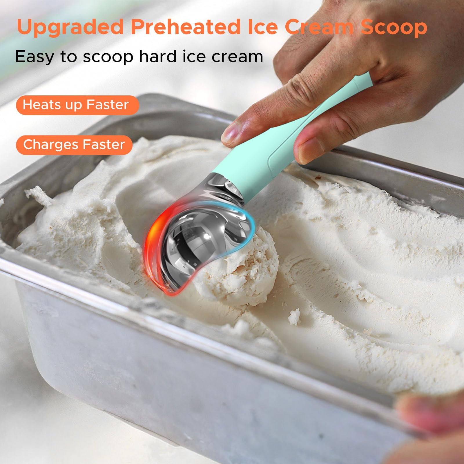 Rechargeable warming handle enables effortless scooping of hard ice cream