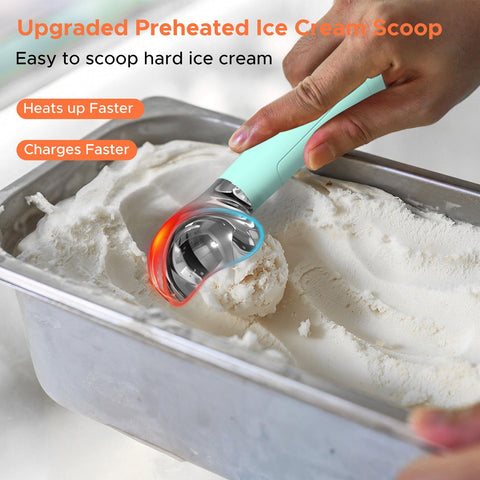 Rechargeable warming handle enables effortless scooping of hard ice cream