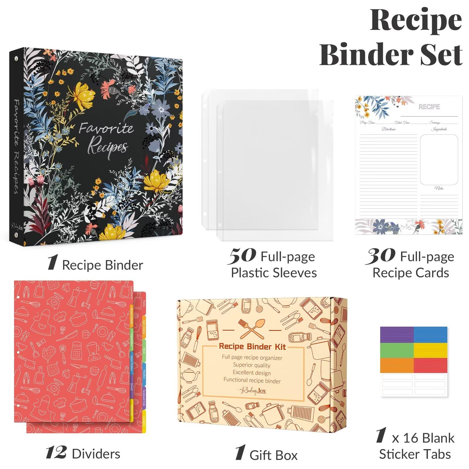 LuBudingJoy Blossom binder spine keeps rows of recipes organized.