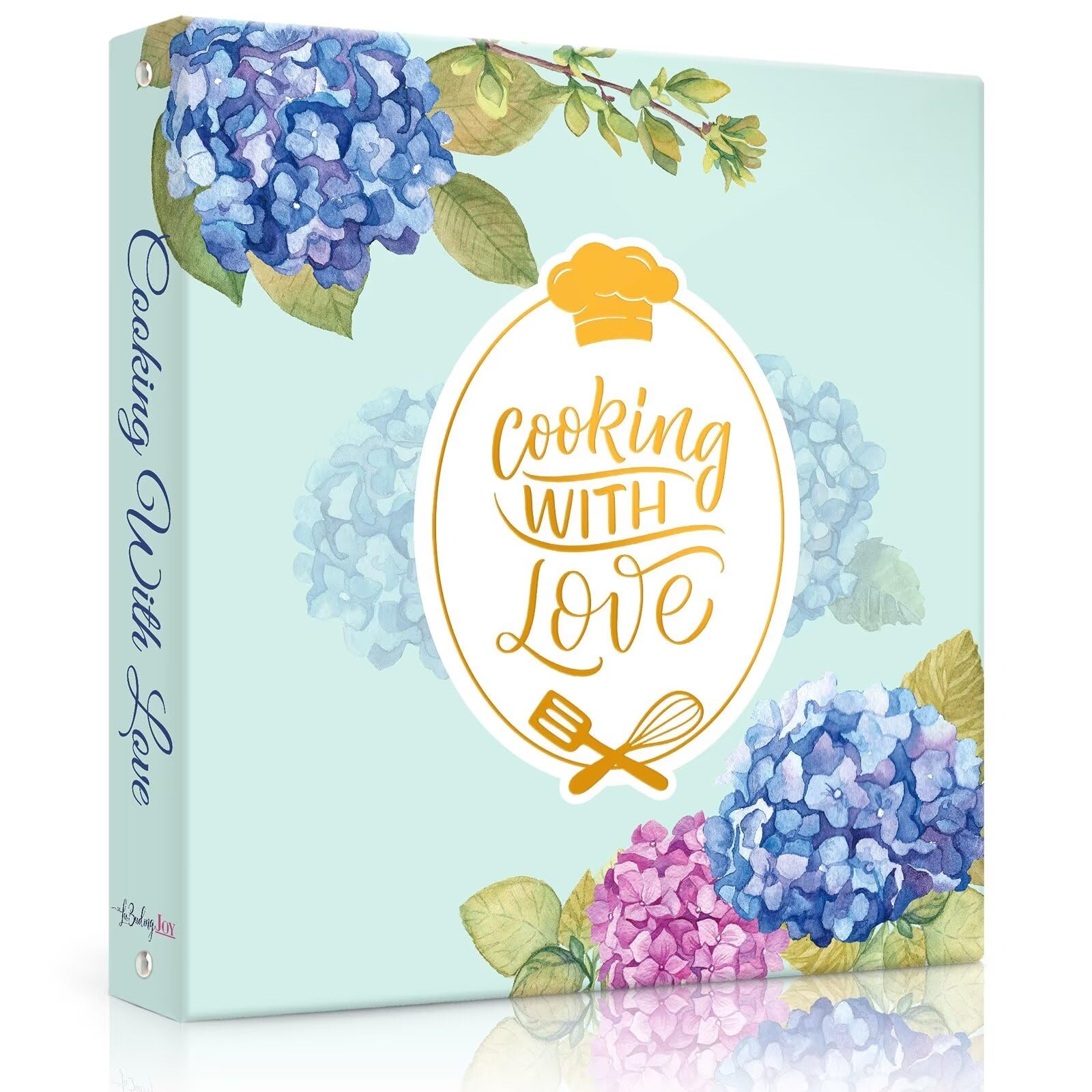 LuBudingJoy recipe binder with blue hydrangea cover for organized kitchen recipes.