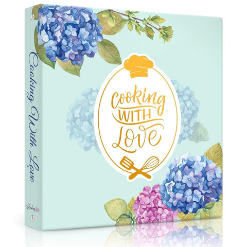 LuBudingJoy recipe binder with blue hydrangea cover for organized kitchen recipes.