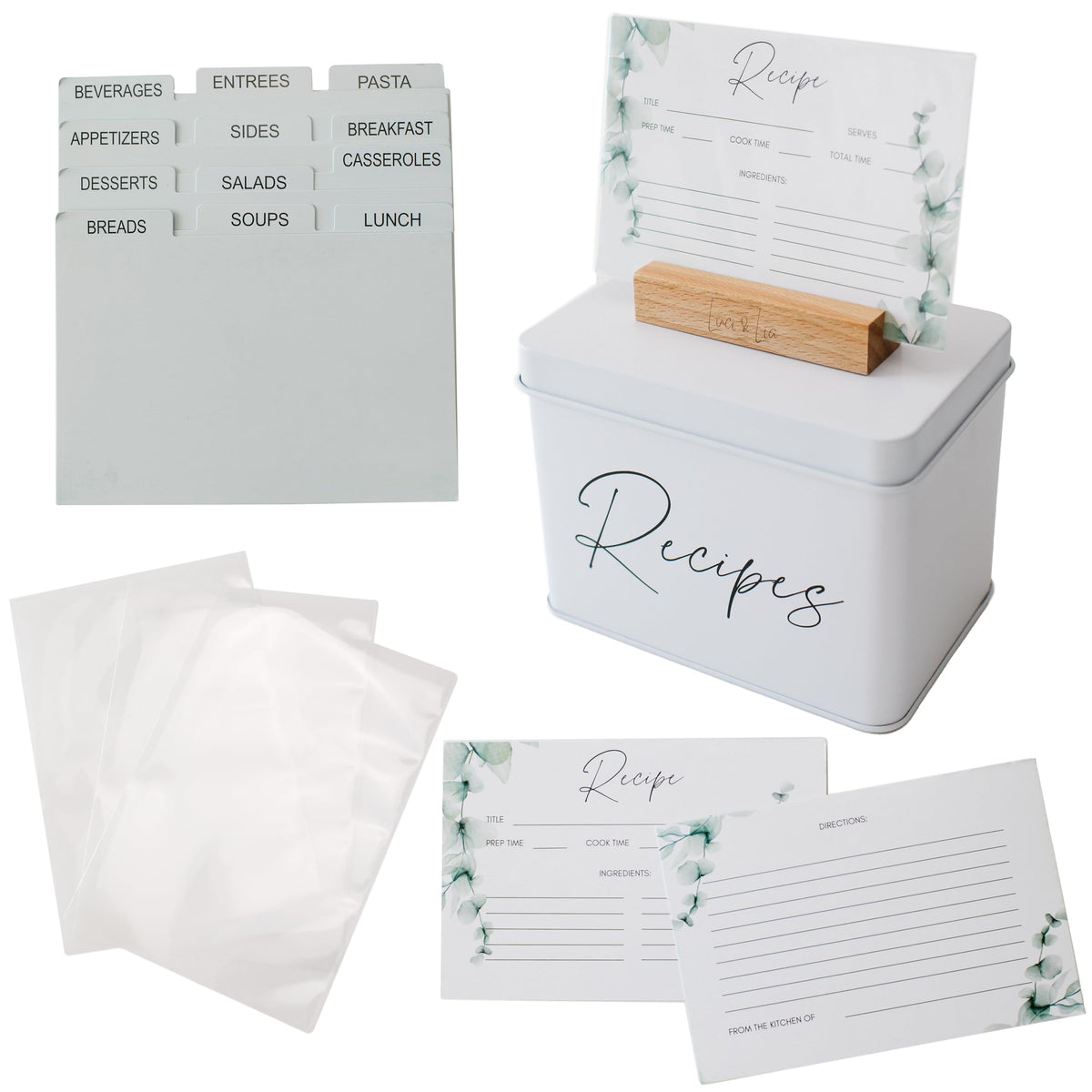 Luci & Lia metal recipe box front for elegant storage and easy recipe access.