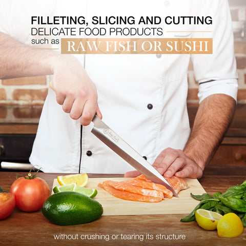Lucky Cook sashimi knife handle showing ergonomic, slip-resistant grip for comfortable use