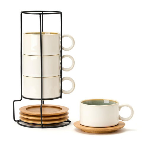 LUKA 6-ounce porcelain espresso cups with saucers stack neatly for small kitchens.