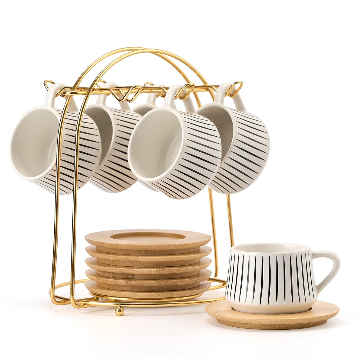 LUKA ceramic espresso cups with saucers on metal holder for neat counter display.