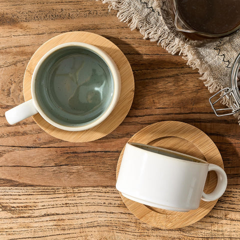 LUKA espresso cups with metal stand keep saucers organized and within reach.