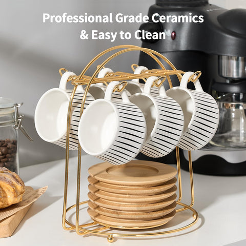 LUKA espresso set on saucers showing an elegant cafe-inspired look.