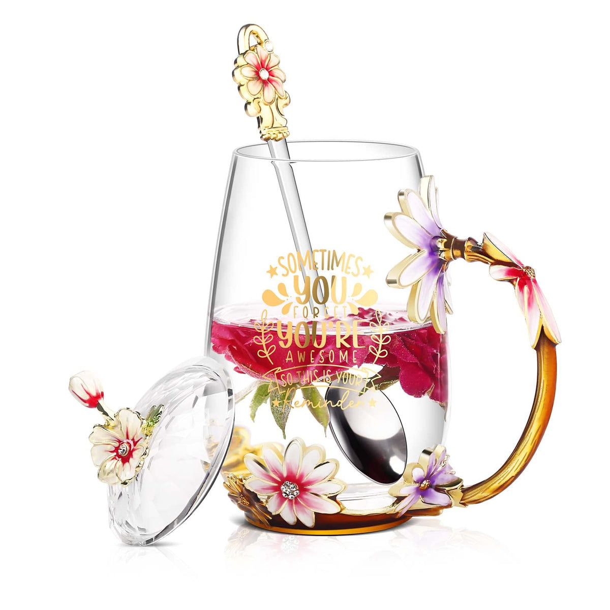 Luka Tech enamel glass mug with butterfly and daisy 3D designs for elegant daily tea moments.