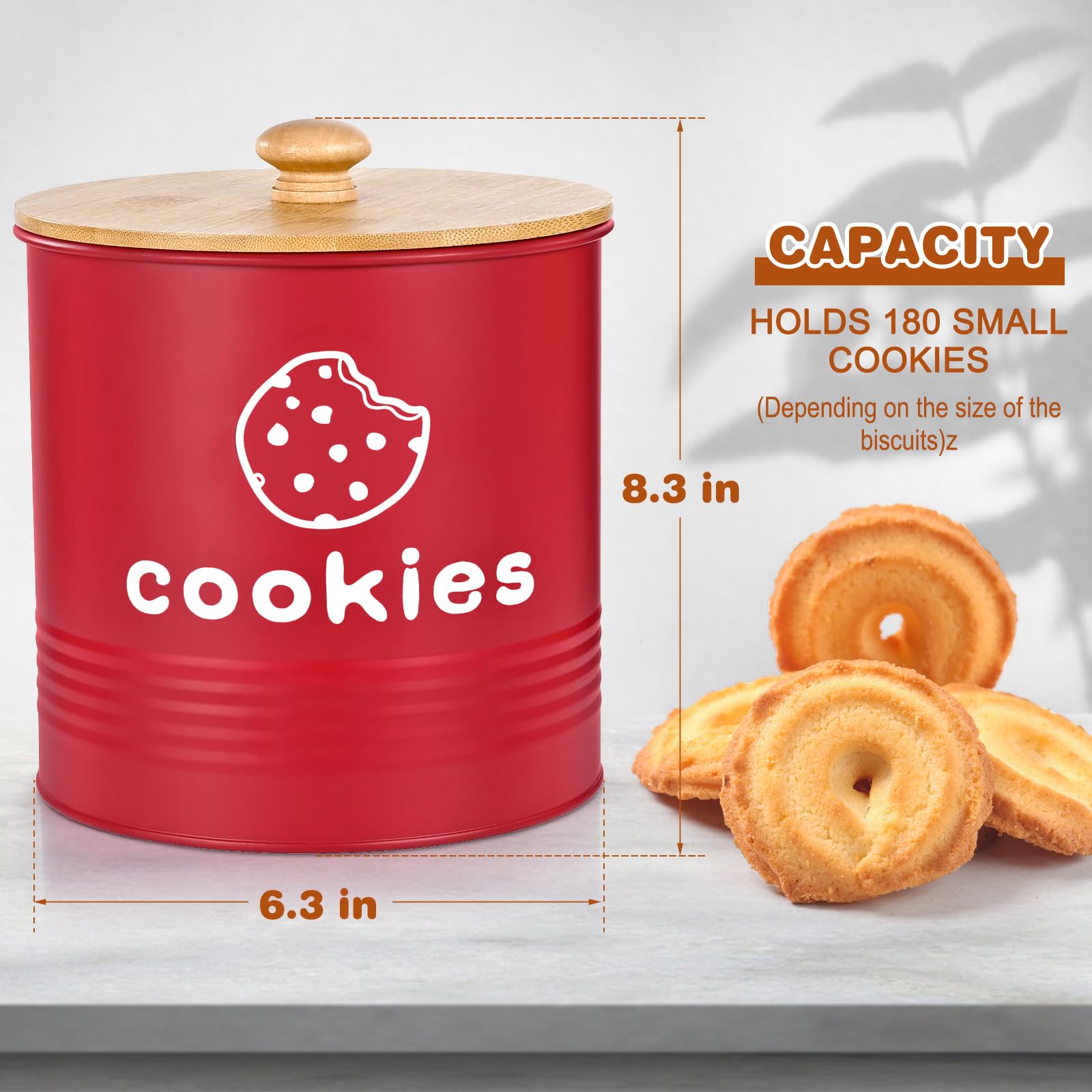 LUKMILEE red cookie jar on a kitchen counter enhances farmhouse style and organization.