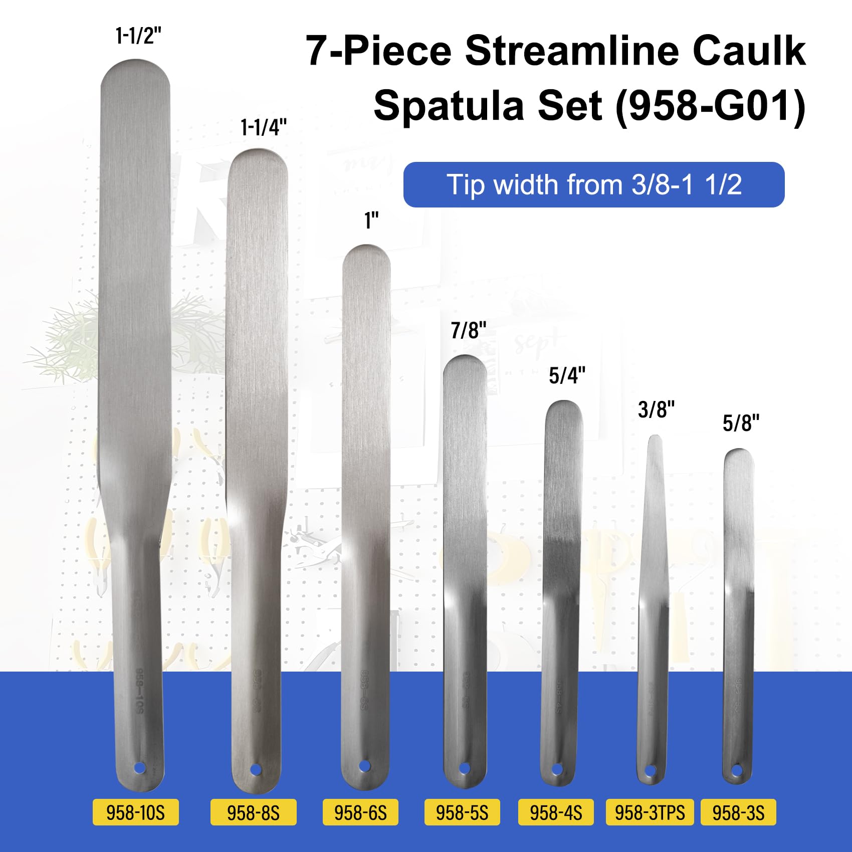 LukPhylia caulk spatula set with ergonomic curved handle for reduced fatigue.