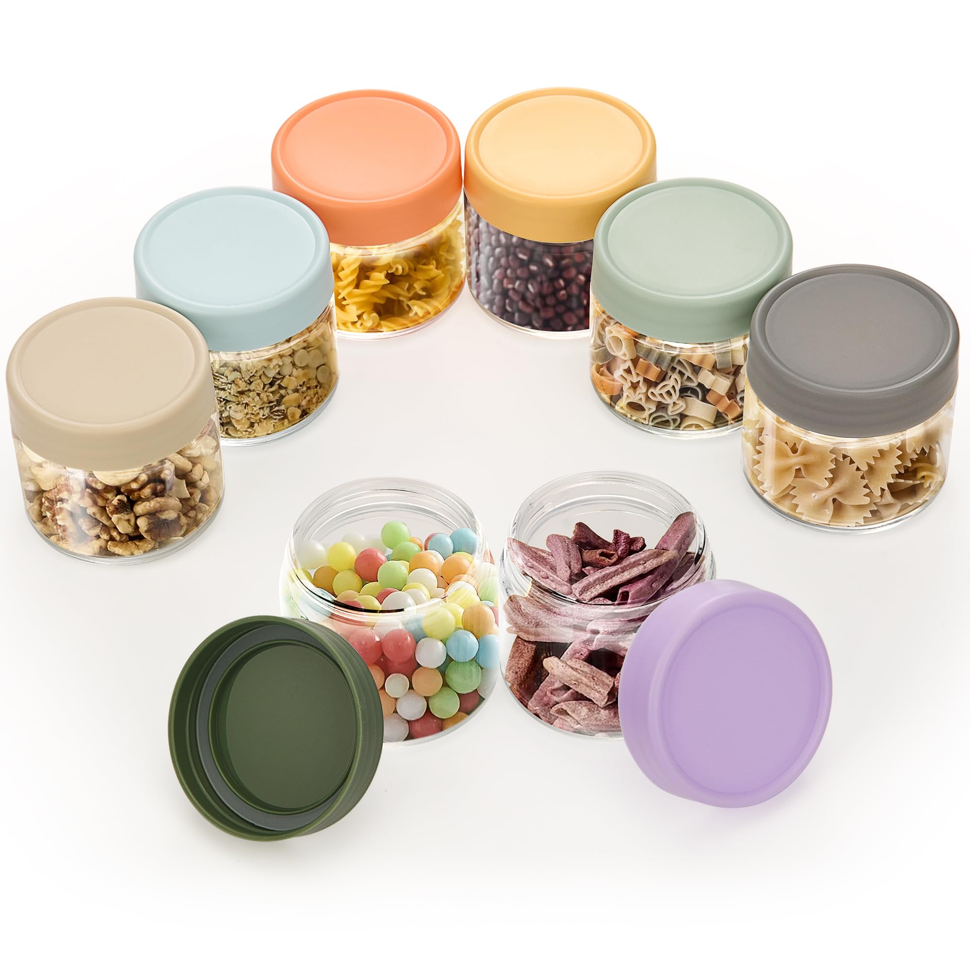 Lulonpon 8-pack thick glass mini mason jars with lids for pantry storage.
