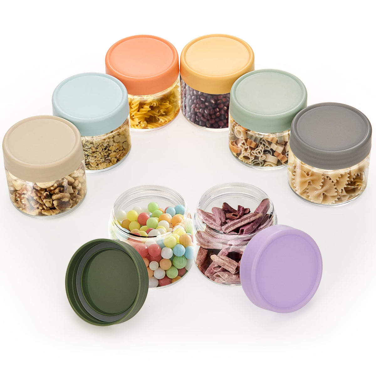 Lulonpon 8-pack thick glass mini mason jars with lids for pantry storage.