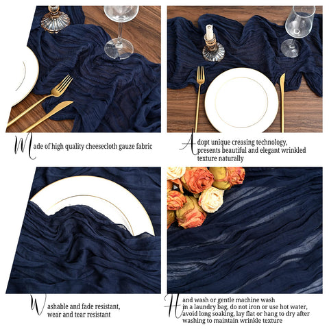 Lumaycens navy blue wedding decor enhances centerpieces with airy fabric.