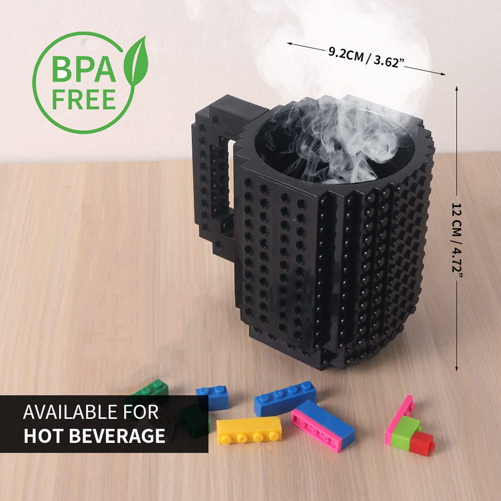 Lumsburry Build-on-Brick Coffee Mug in black color inspires block-building coffee rituals.