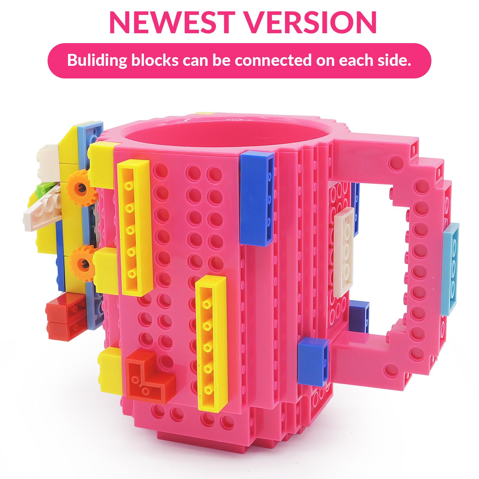 Lumsburry Build-on Brick Mug rose color enhances playful kitchen vibe.
