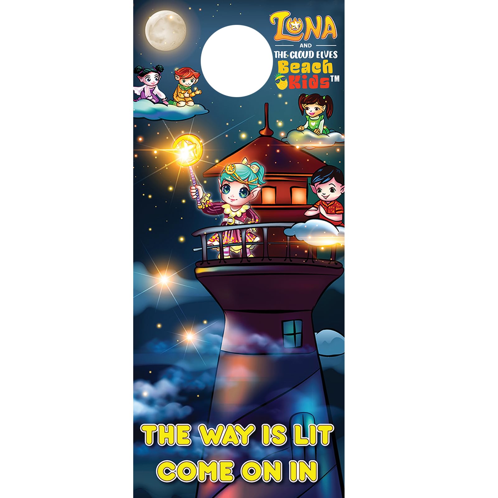 Luna and the Cloud Elves door hanger adds whimsical decor to a kids room