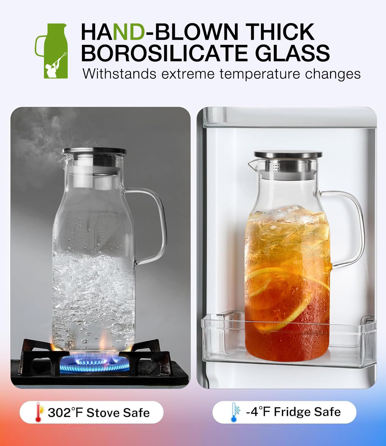 LUNA & MANTHA borosilicate glass jug highlights thick, durable glass.
