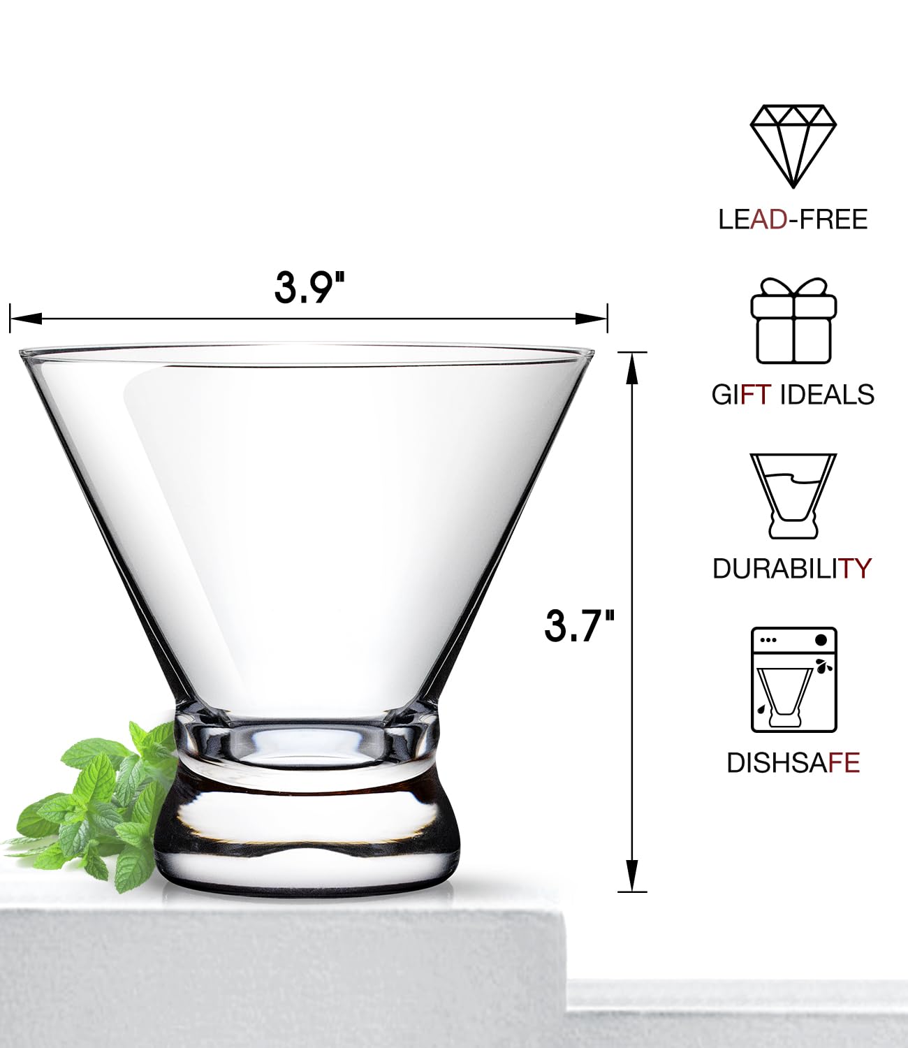 Luna Manta classic crystal martini glass with modern stemless silhouette