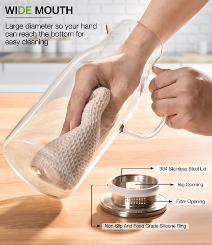 LUNA & MANTHA pitcher shows ergonomic handle for comfortable grip.