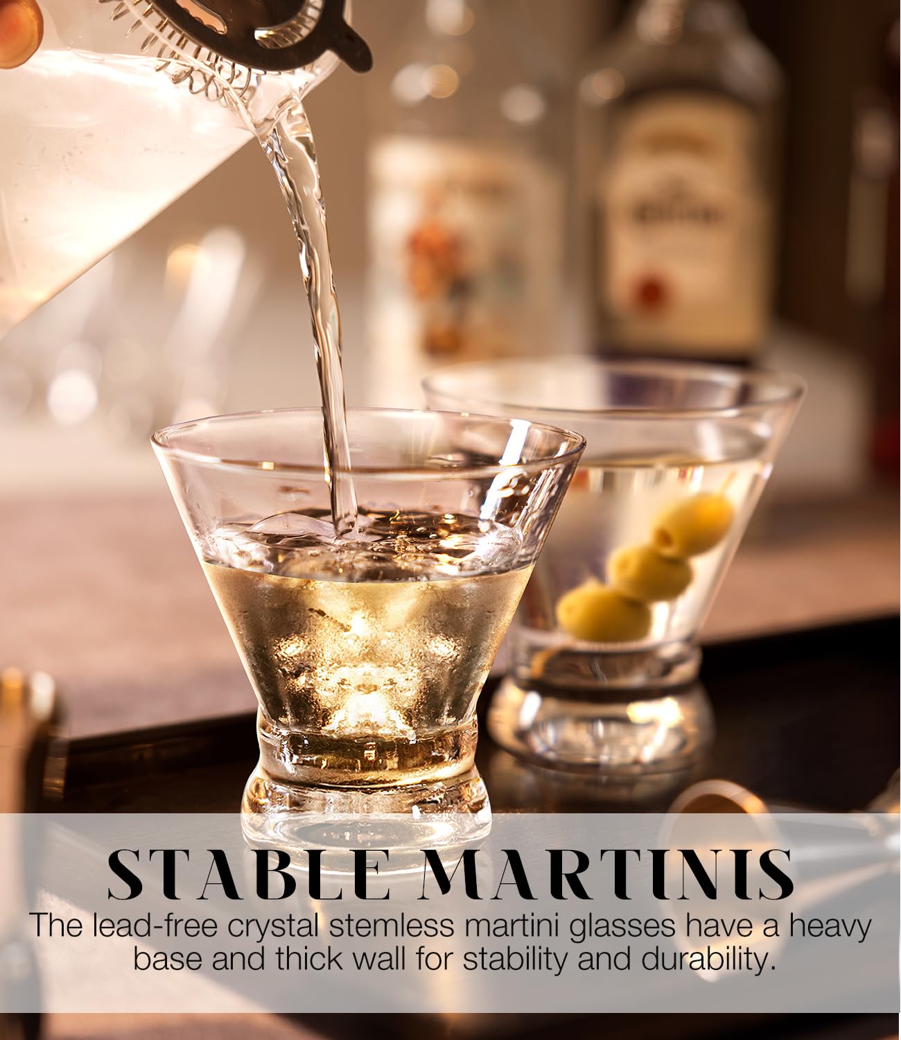 Luna Manta heavy base stemless martini glass for stability