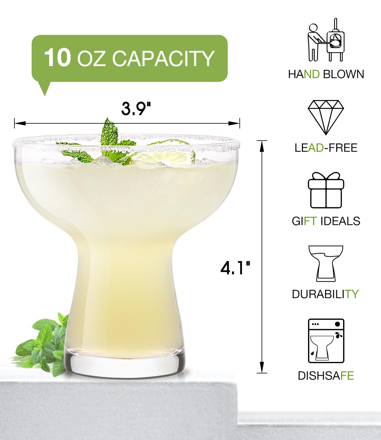 Luna & Mantha 10-ounce margarita glasses ideal for cocktails and desserts.
