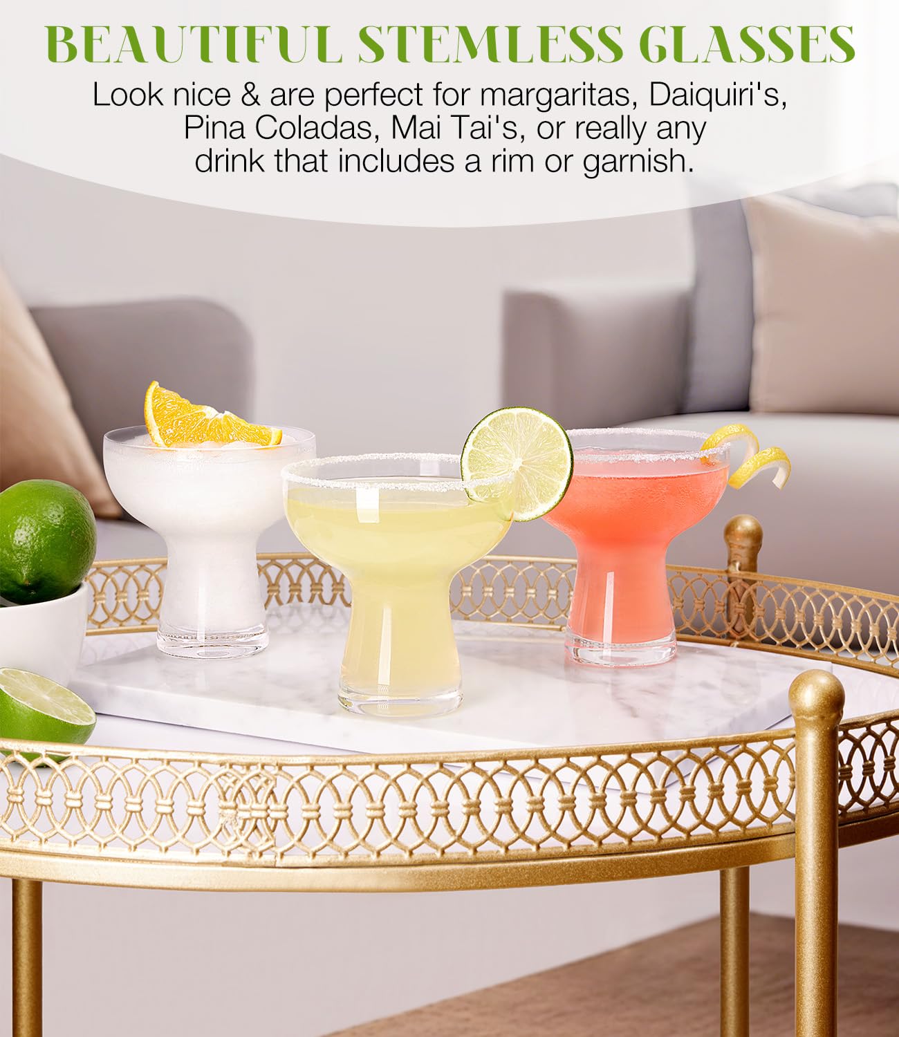 Luna & Mantha margarita glasses shown being dishwasher safe for easy cleanup.
