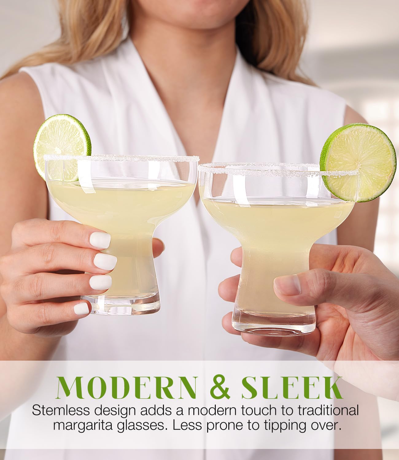 Close-up of Luna & Mantha hand-blown margarita glasses showing clear glass and craft.