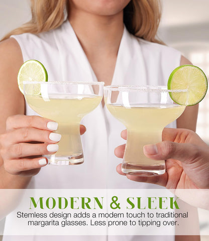 Close-up of Luna & Mantha hand-blown margarita glasses showing clear glass and craft.