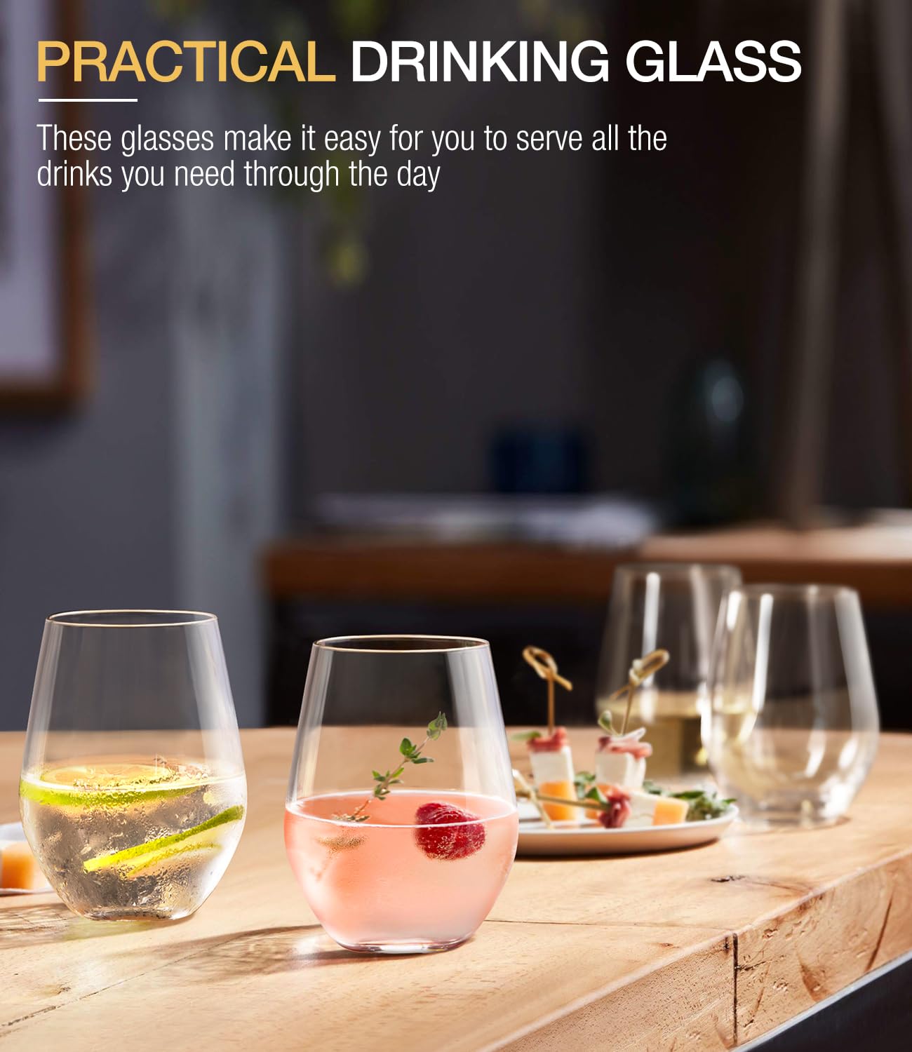 LUNA & MANTHA outdoor camping and patio 16oz stemless glasses.