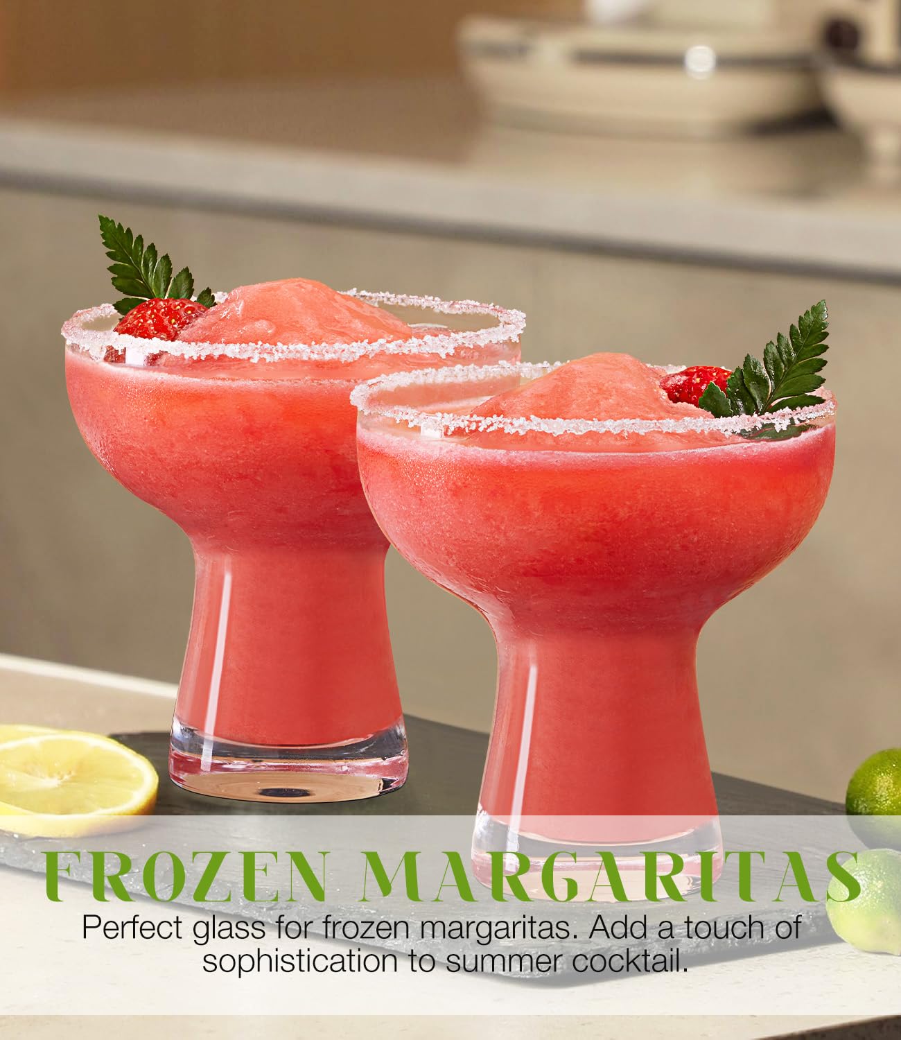 Luna & Mantha glasses with salted rim compatibility for stylish garnishes.
