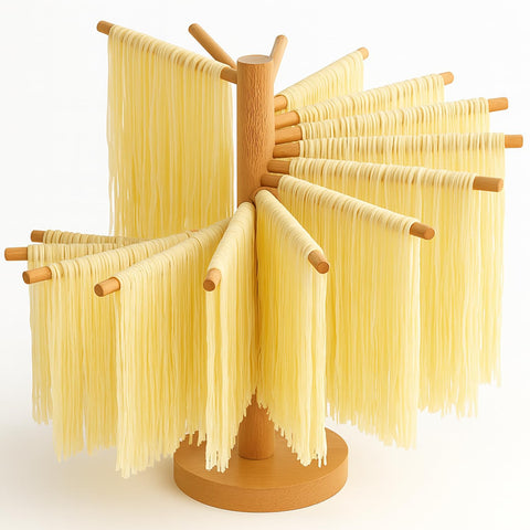 LunaCozy Beech Wood Pasta Drying Rack assembled for orderly air-drying of long noodles.