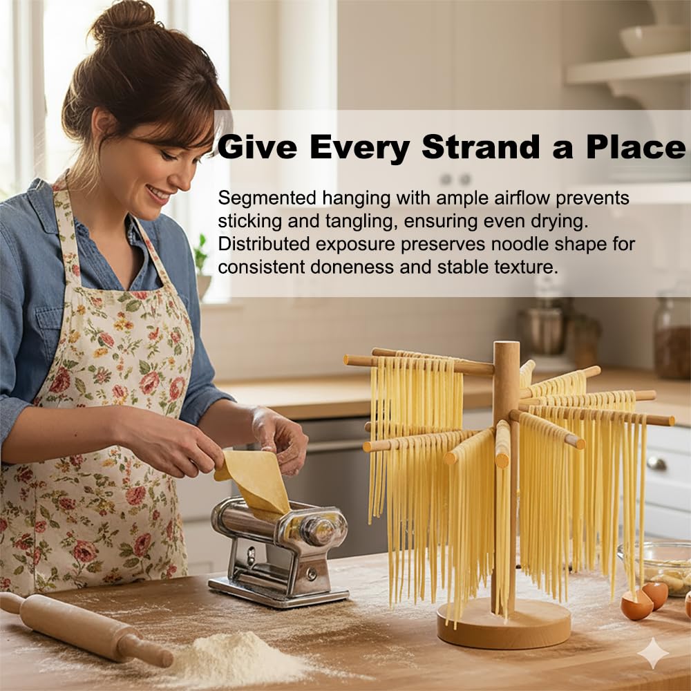 LunaCozy Beech Wood Rack top tier fits up to 27 inches for long pasta.