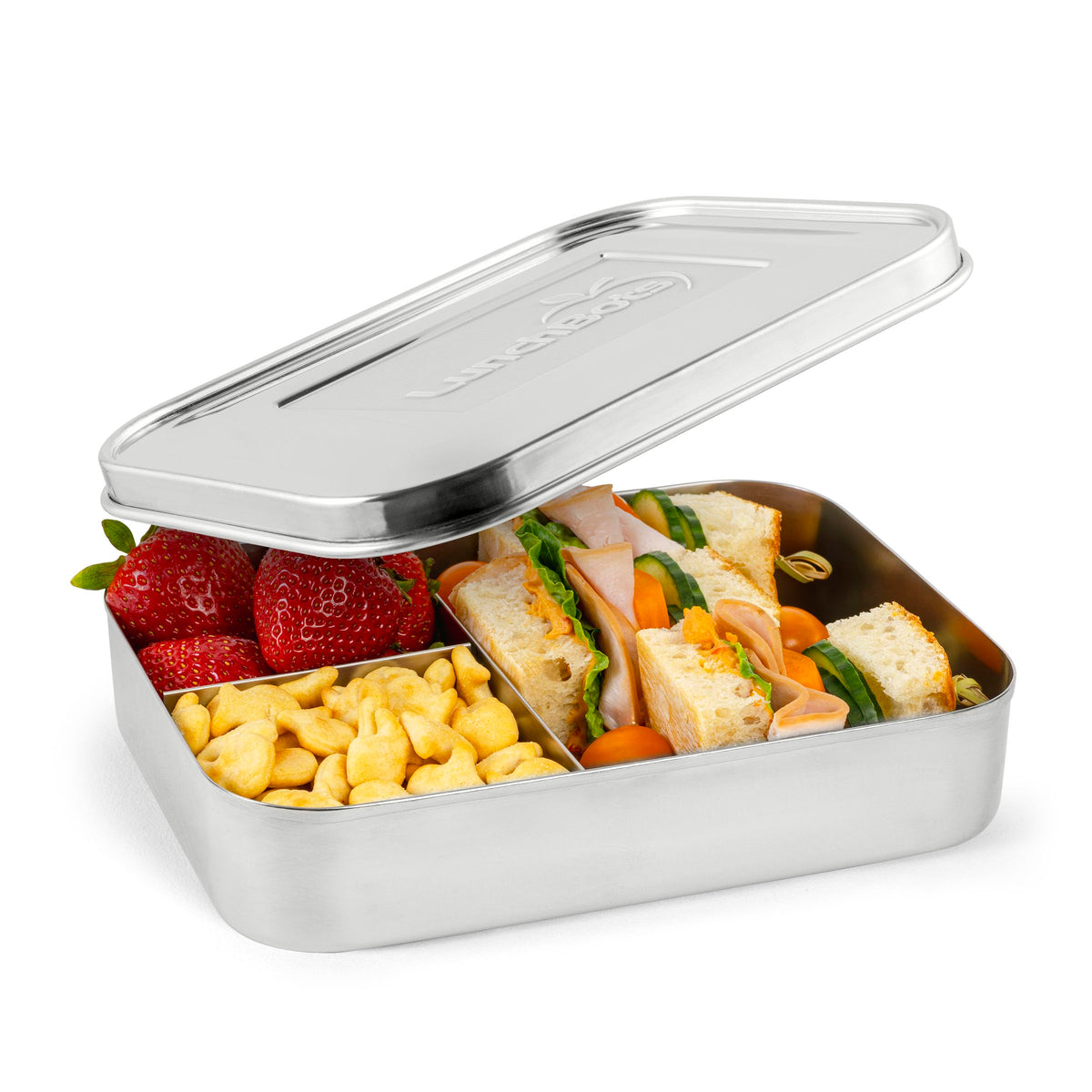 LunchBots Large Trio bento box open showing three compartments for separate meals.