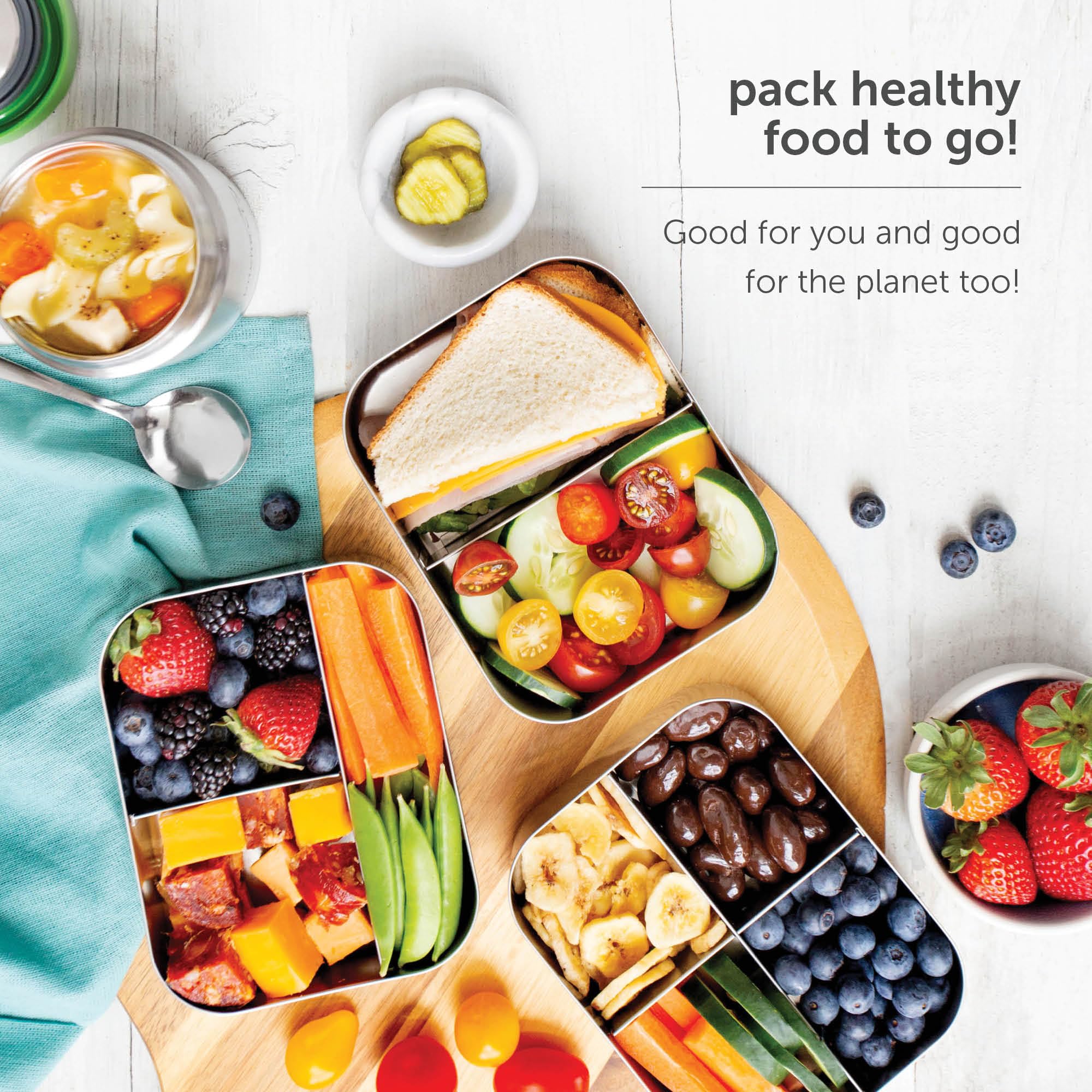 LunchBots Large Trio not leakproof reminder for dry foods use.