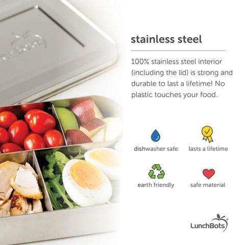 LunchBots Large Trio stainless lid shown closed for secure transport.