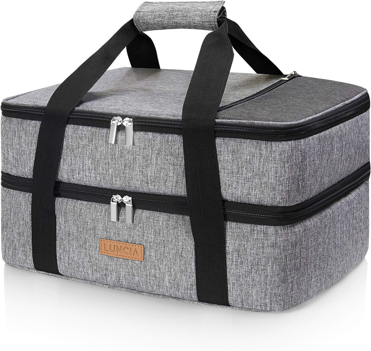 LUNCIA double decker insulated casserole carrier grey front view keeps hot or cold dishes ready for sharing