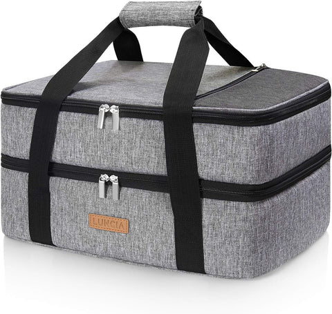 LUNCIA double decker insulated casserole carrier grey front view keeps hot or cold dishes ready for sharing