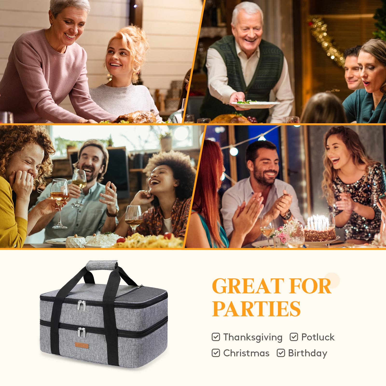 LUNCIA fits most 9x13 dishes plus larger trays up to 11x15 for gatherings