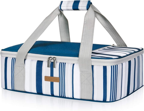 LUNCIA insulated casserole carrier in blue, front view keeps meals hot for hours at gatherings.