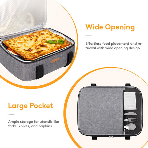 LUNCIA exterior pocket view; large pocket stores utensils and napkins within reach.