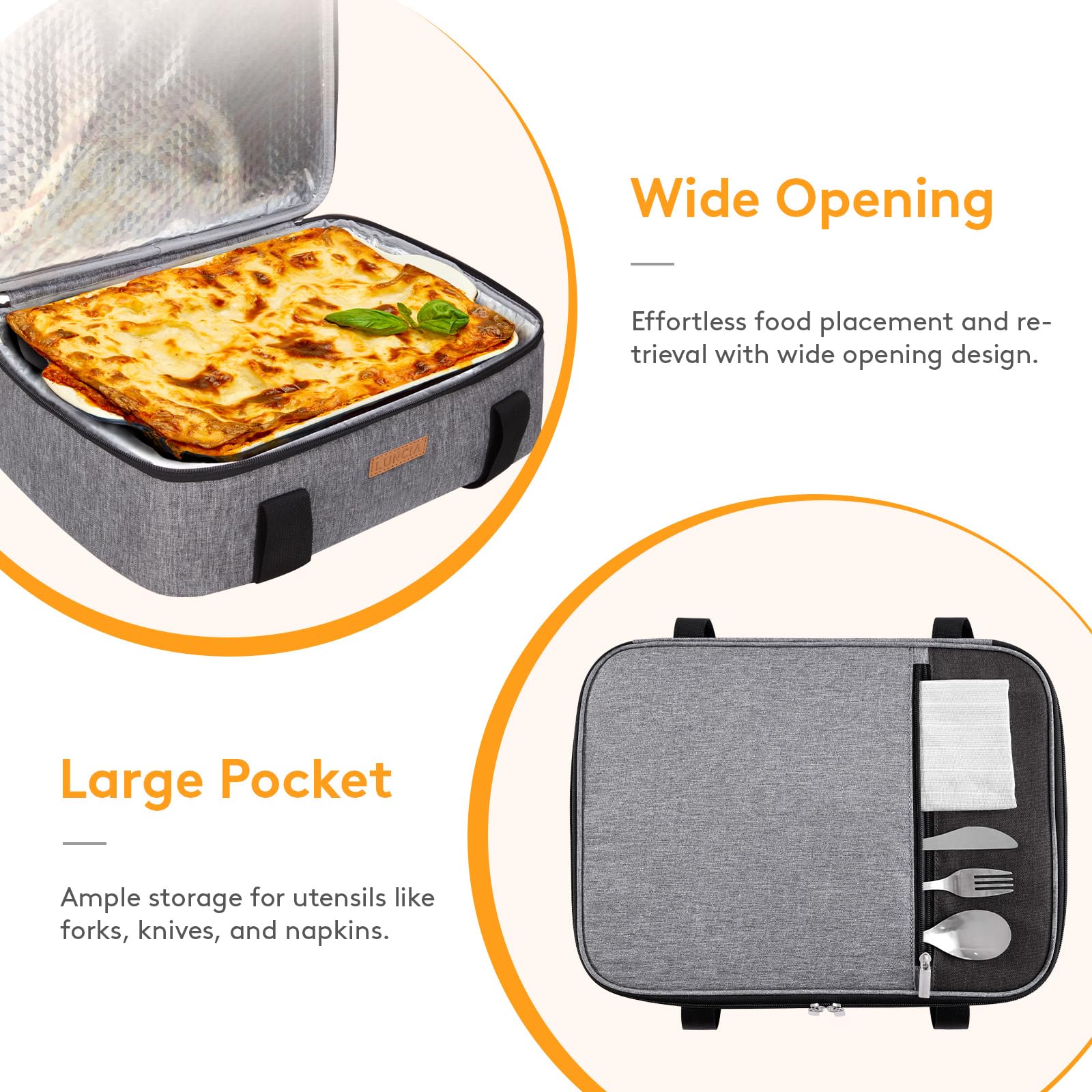 LUNCIA exterior zipper pocket keeps utensils and napkins within reach.