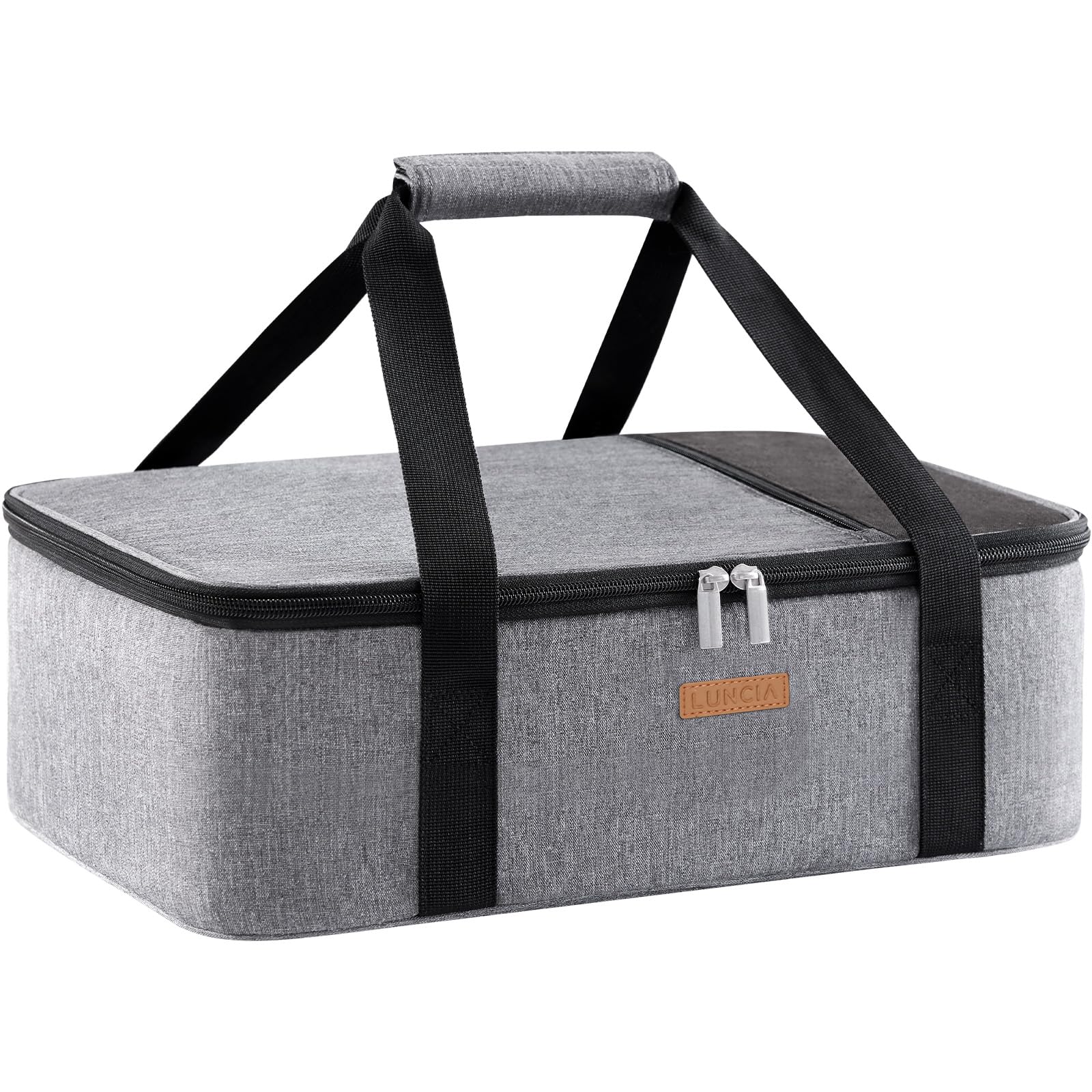 LUNCIA insulated casserole carrier exterior view; durable 600D fabric for reliable travel.
