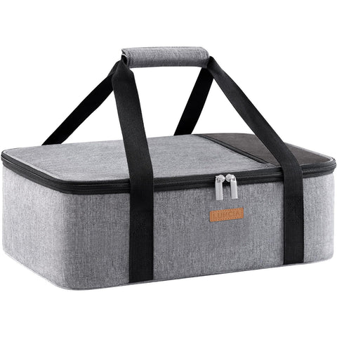 LUNCIA insulated casserole carrier exterior view; durable 600D fabric for reliable travel.