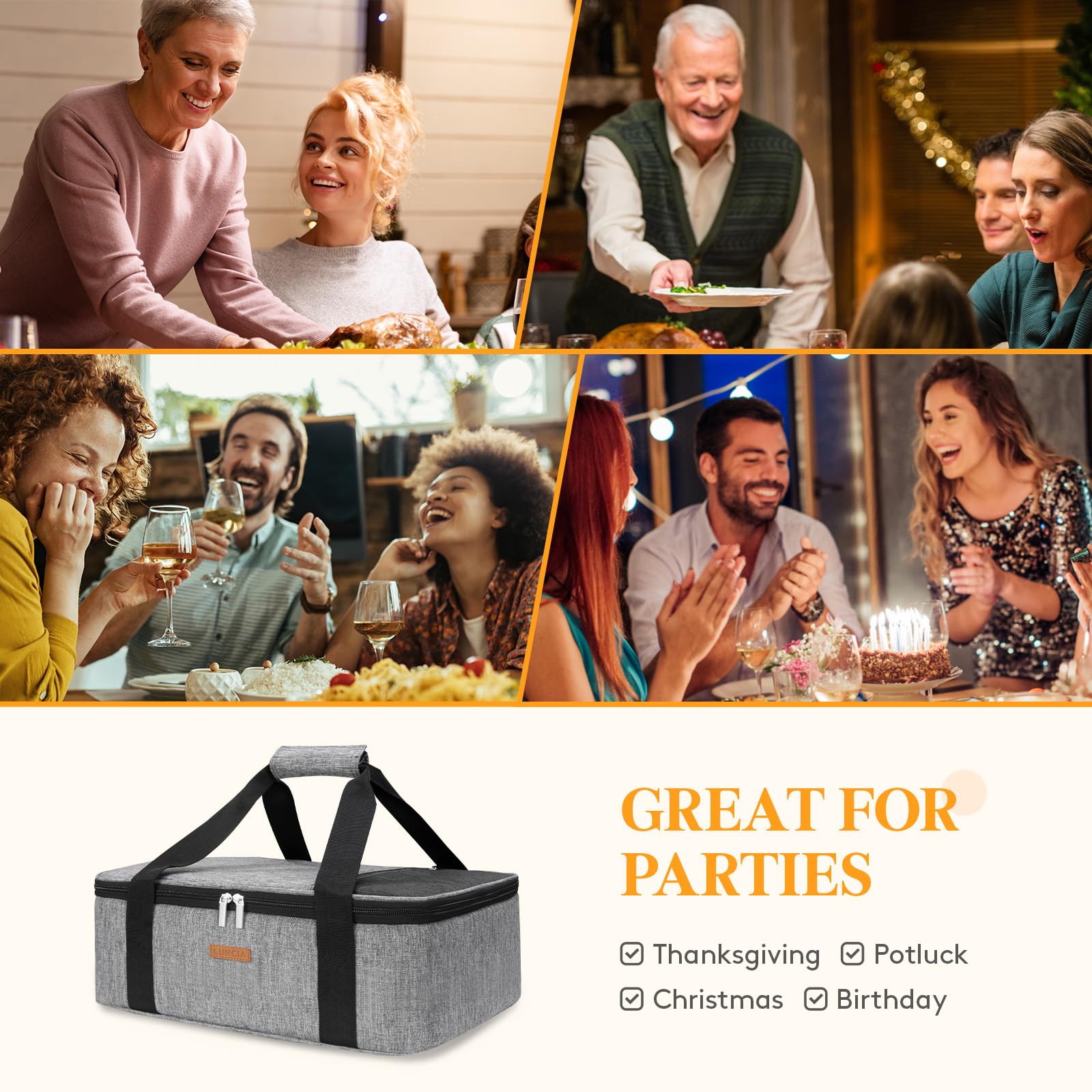 LUNCIA use scenarios view; ideal for potlucks, picnics, and tailgates.