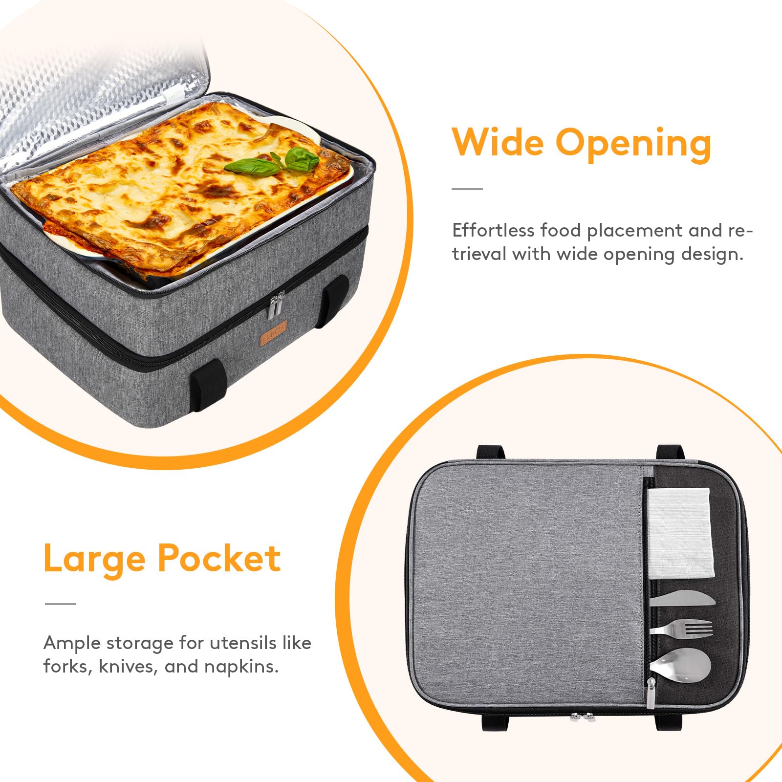LUNCIA large exterior pocket keeps utensils and napkins within reach