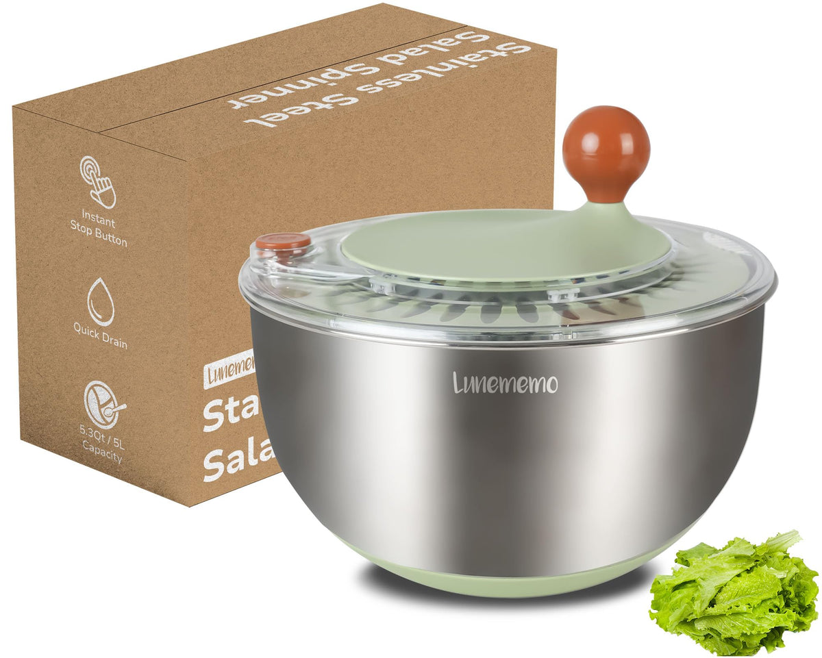 Lunememo salad spinner outer bowl shows durable stainless steel for washing greens.
