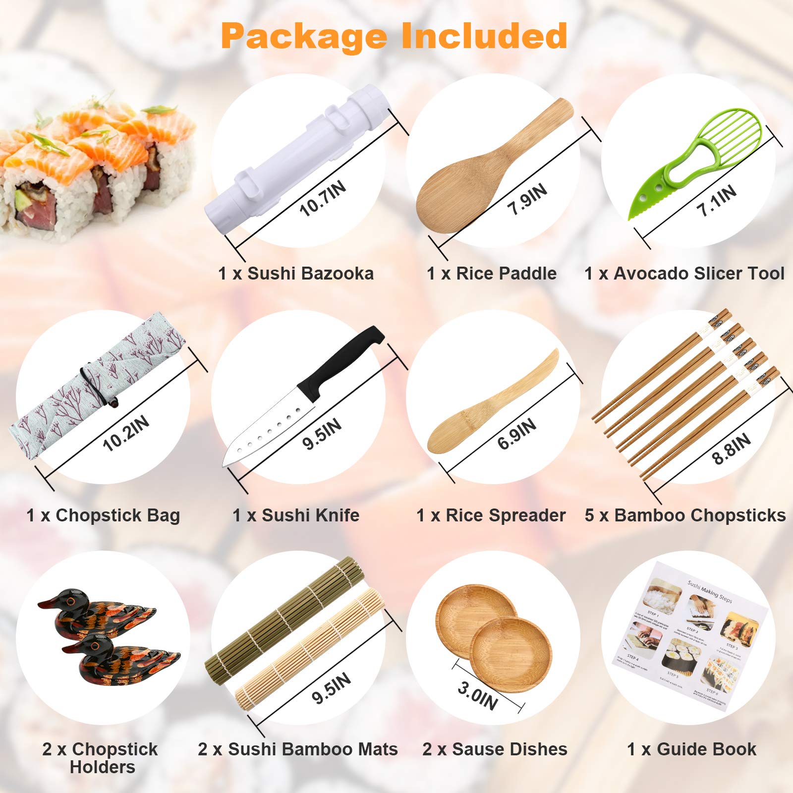 Luney sushi knife and bamboo rolling mat enable precise prep.