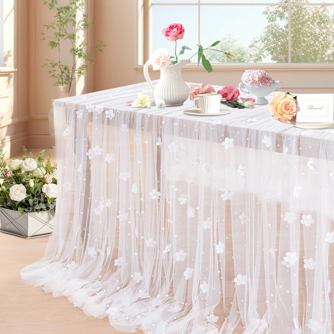 LuoluoHouse white pearl tulle tablecloth, 120x60 inches, for elegant wedding decor